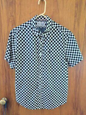 Men's L, Penguin Black and White Checked, Short Sleeve, Button Down Shirt